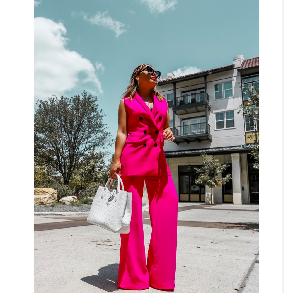 Zara Magenta Suit Waistcoat Vest and Wide Leg Flared Trousers Hot Pink S/M